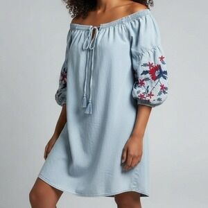 Aeropostale Dress Women Small Blue Chambray Embroidered‎ Chambray Mini Shift